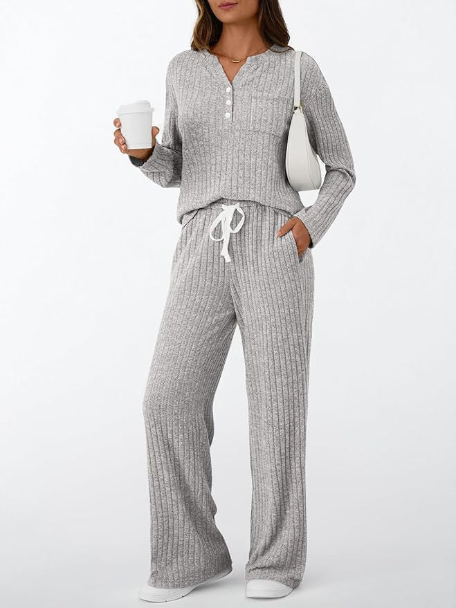 Relaxed Ribbed Brushed Knit Long Sleeve Pants Set
