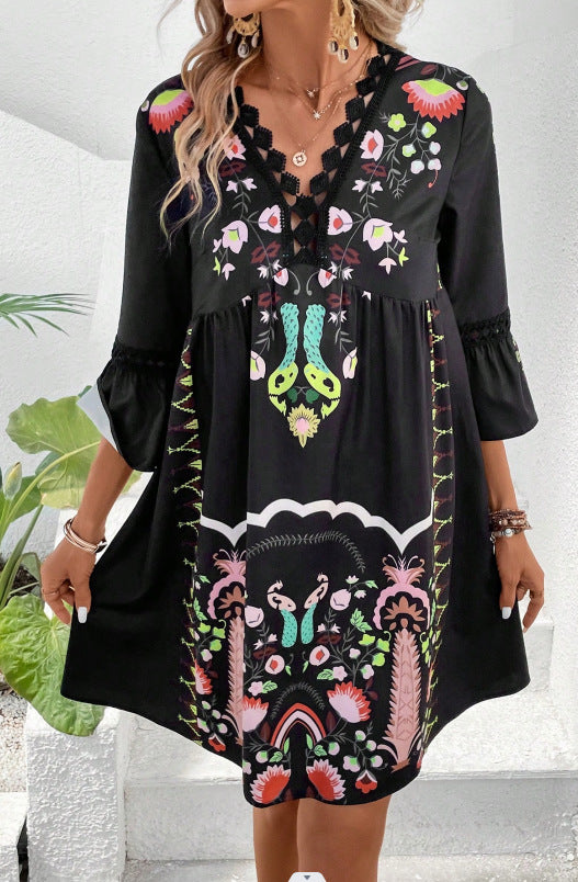 V-Neck Lace Panel Printed Midi Dress