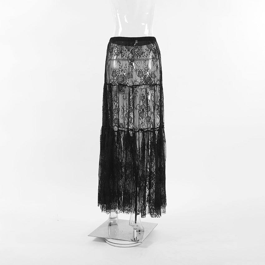 High Waist Lace Sheer Pleated Midi Skirt