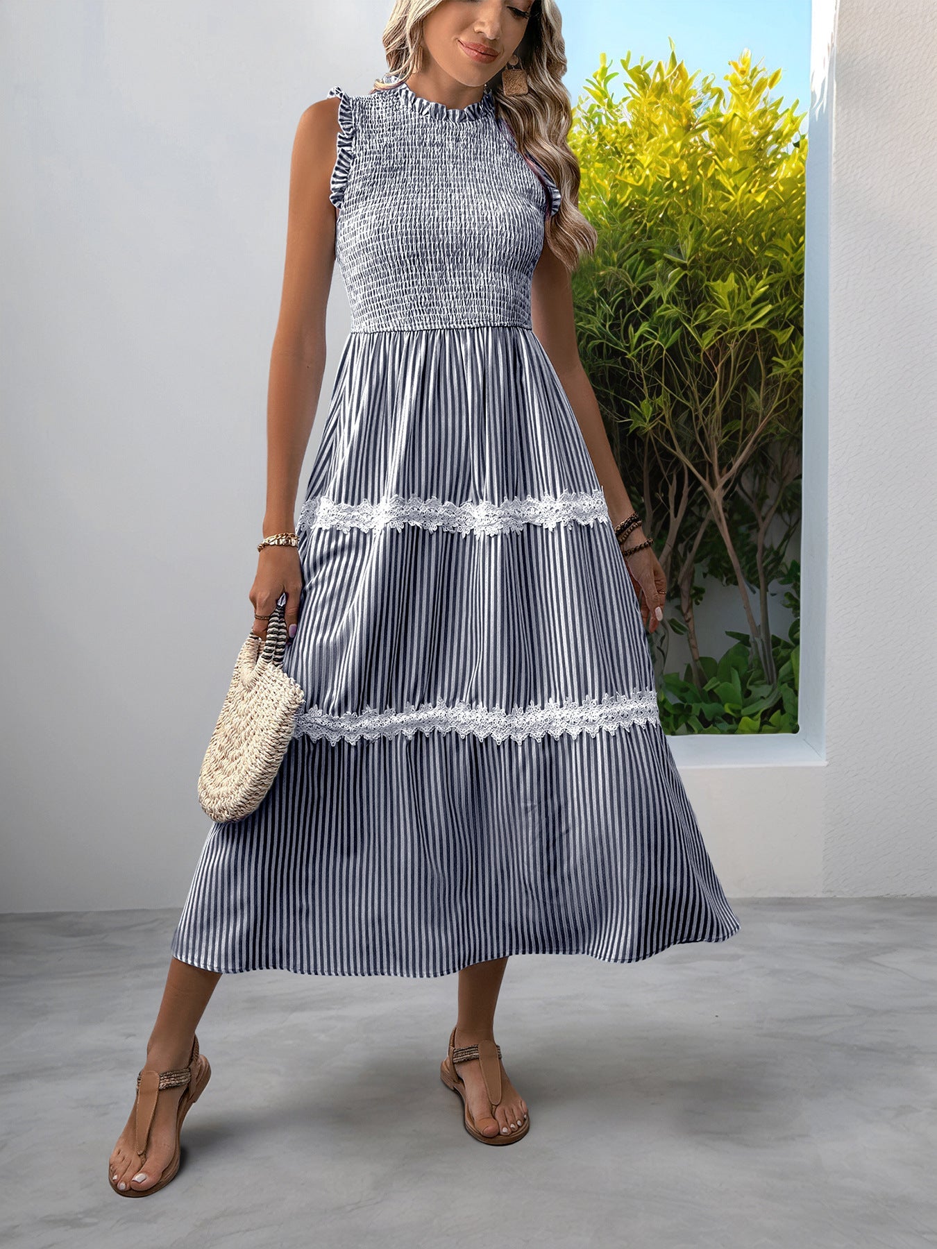 Sleeveless Striped Lace Ruffle Dress