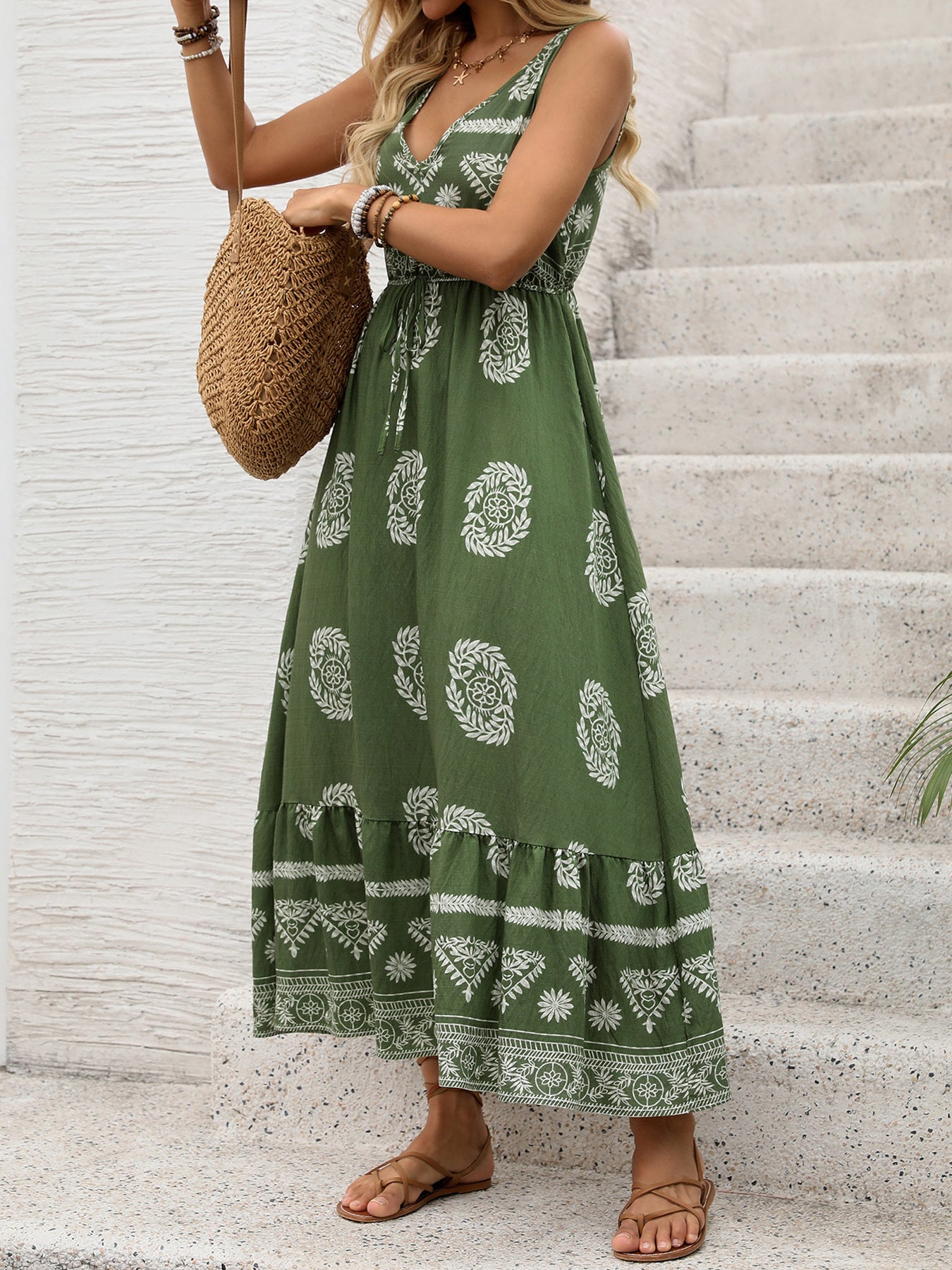 Boho Print V-Neck High Waist Maxi Dress