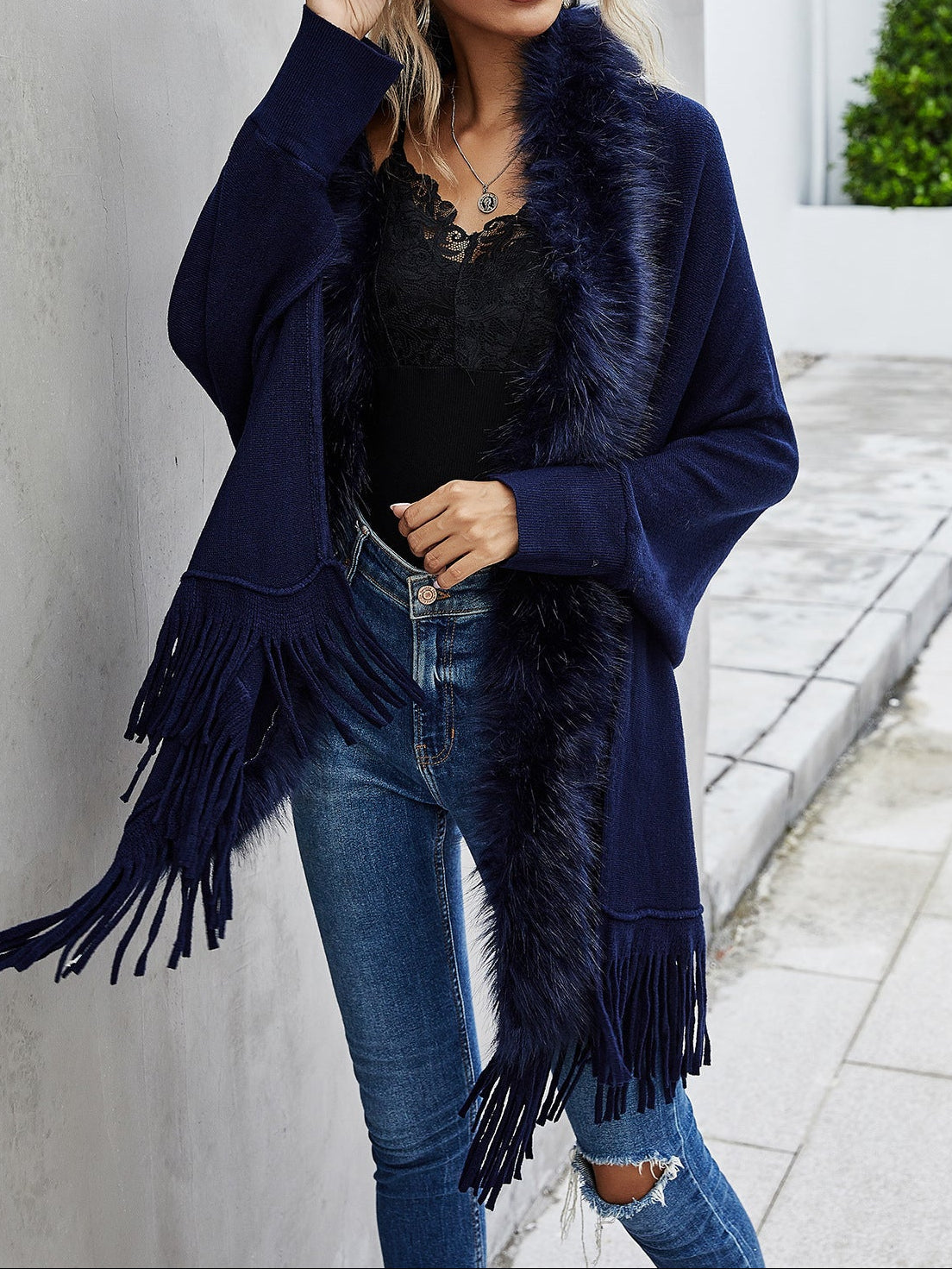 Faux Fur Collar Knit Cardigan