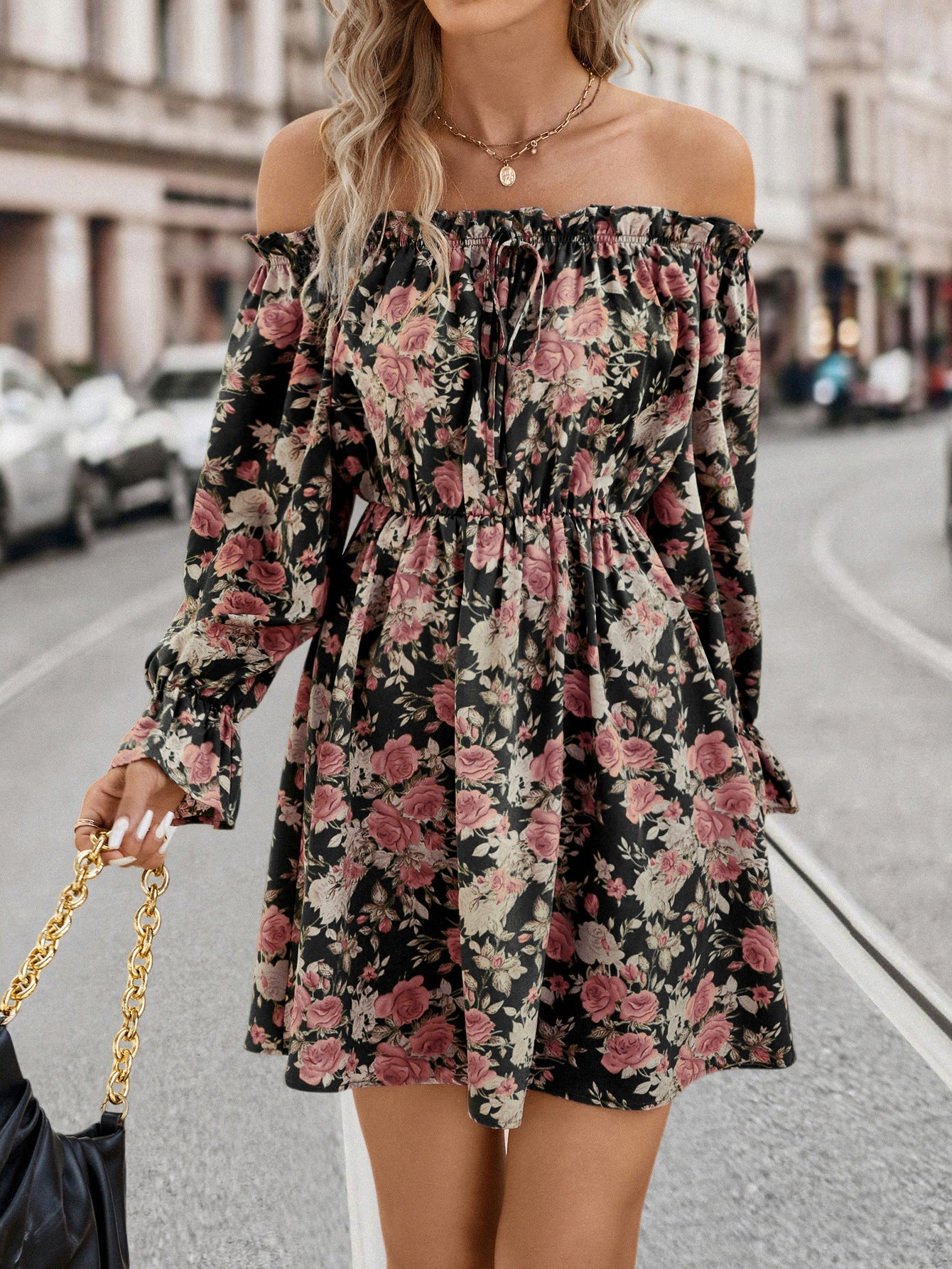 Off Shoulder Sweet Flowy Midi Dress