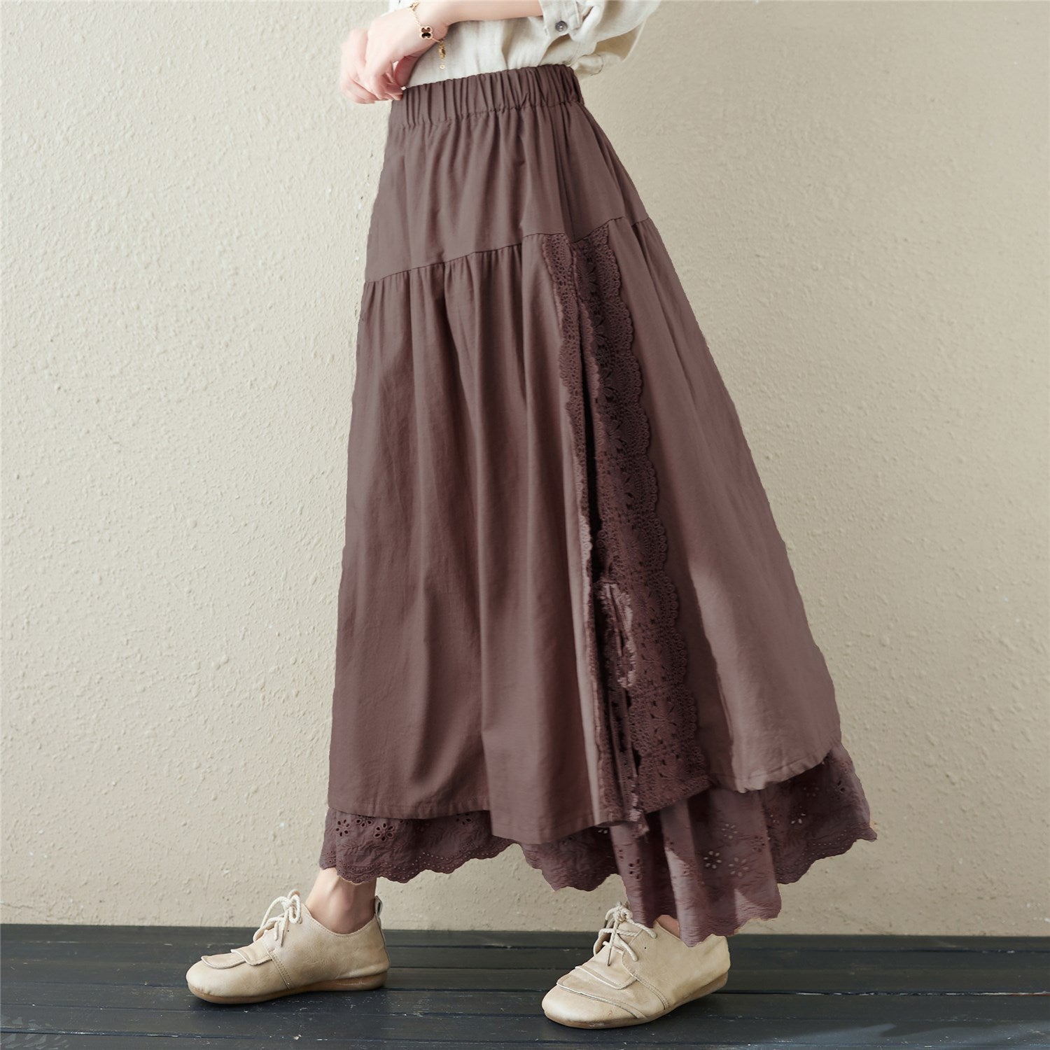 Embroidered Elastic Waist Linen Blend Skirt