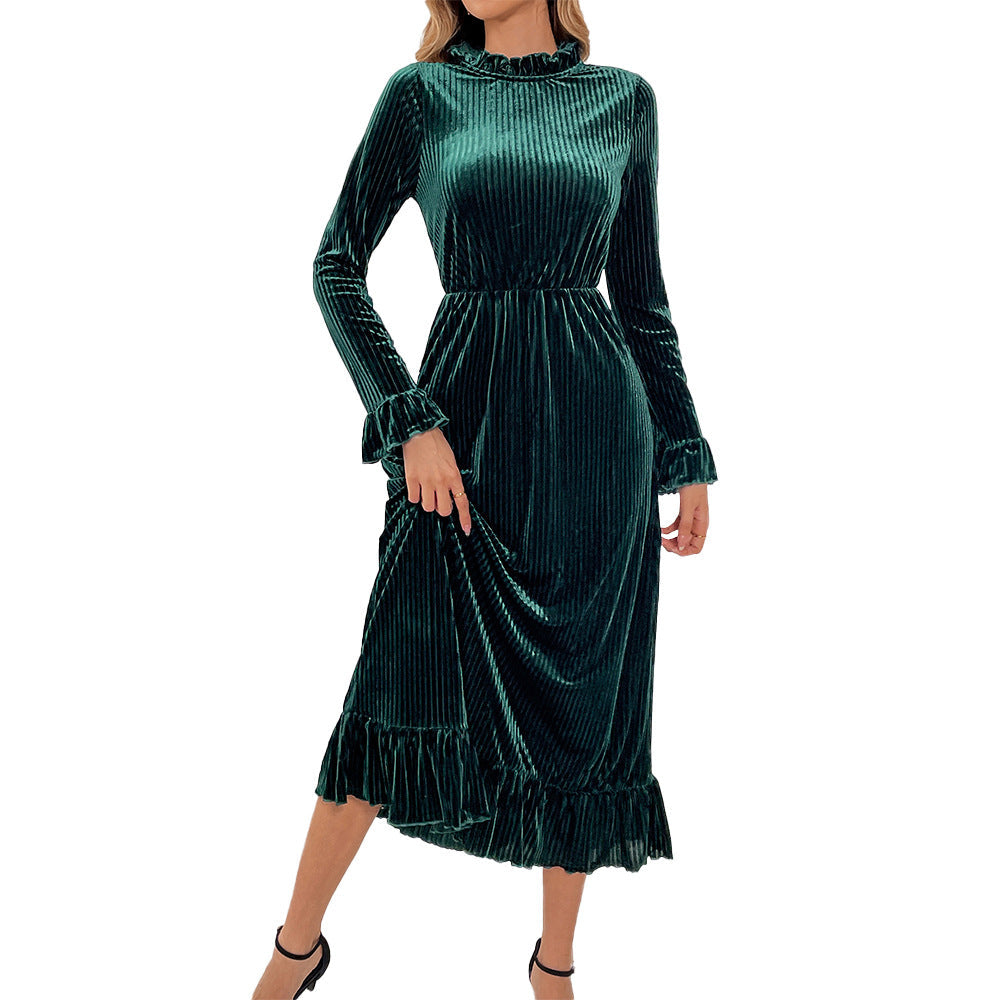 Velvet Long Sleeve Ruffled Midi Dress