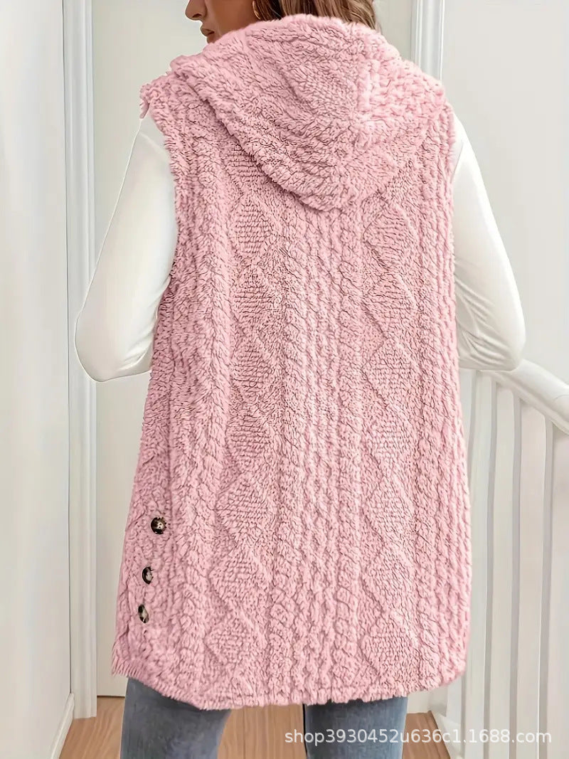 Double Sided Plush Hooded Button Front Vest for Women