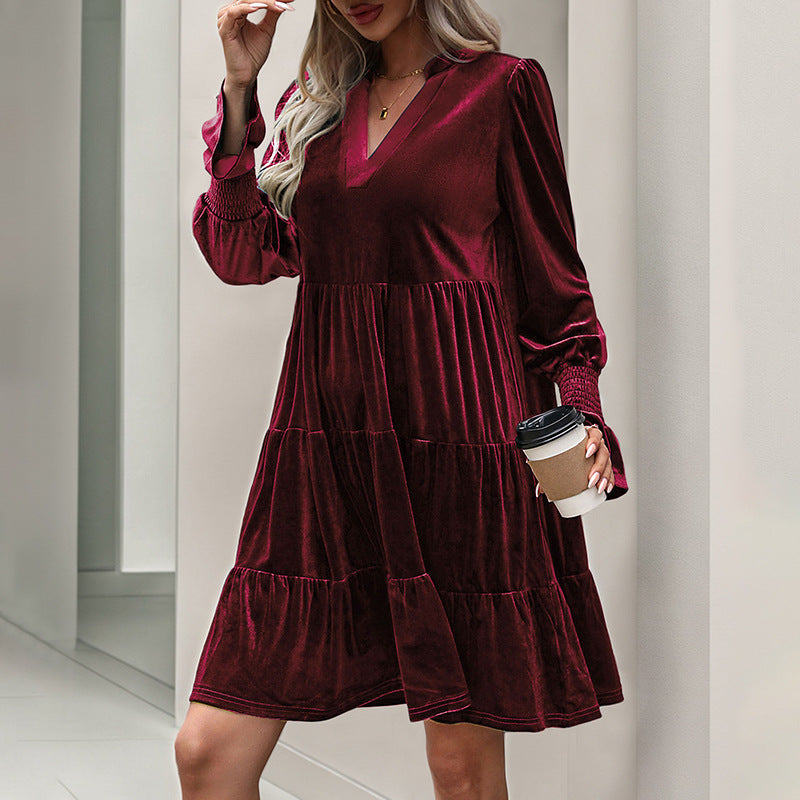 Velvet V-Neck Tiered Dress with Long Sleeves
