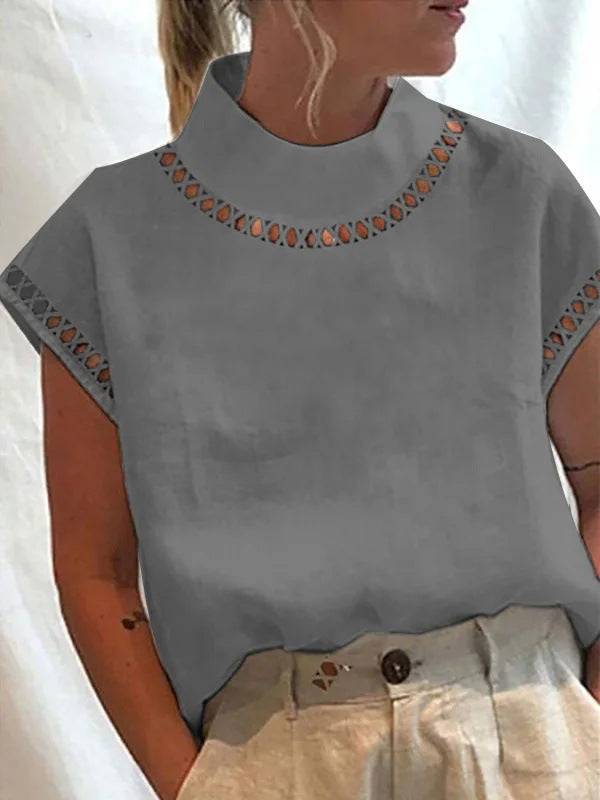 Hollow-Out High-Neck Linen Lace Casual Blouse
