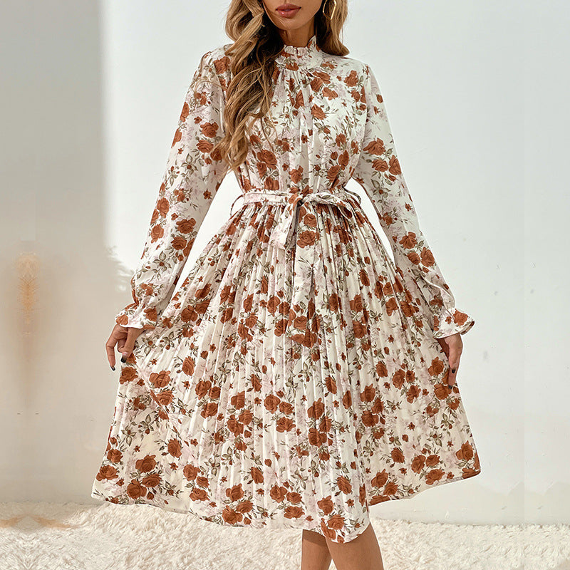 Floral Pleated Long Sleeve Dress with Belt