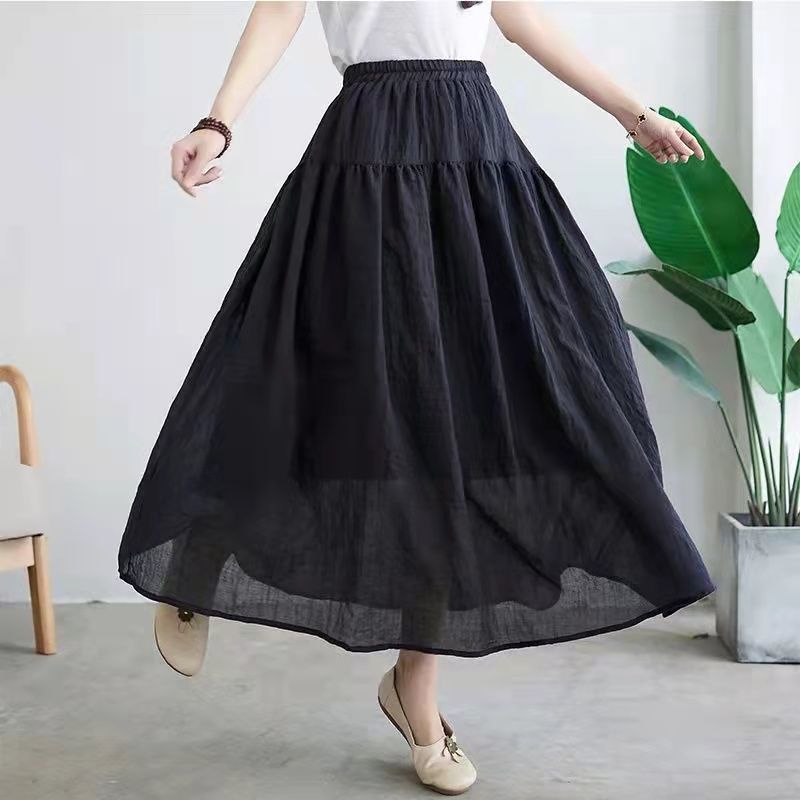 Double-Layer Cotton Linen Flowy Maxi Skirt