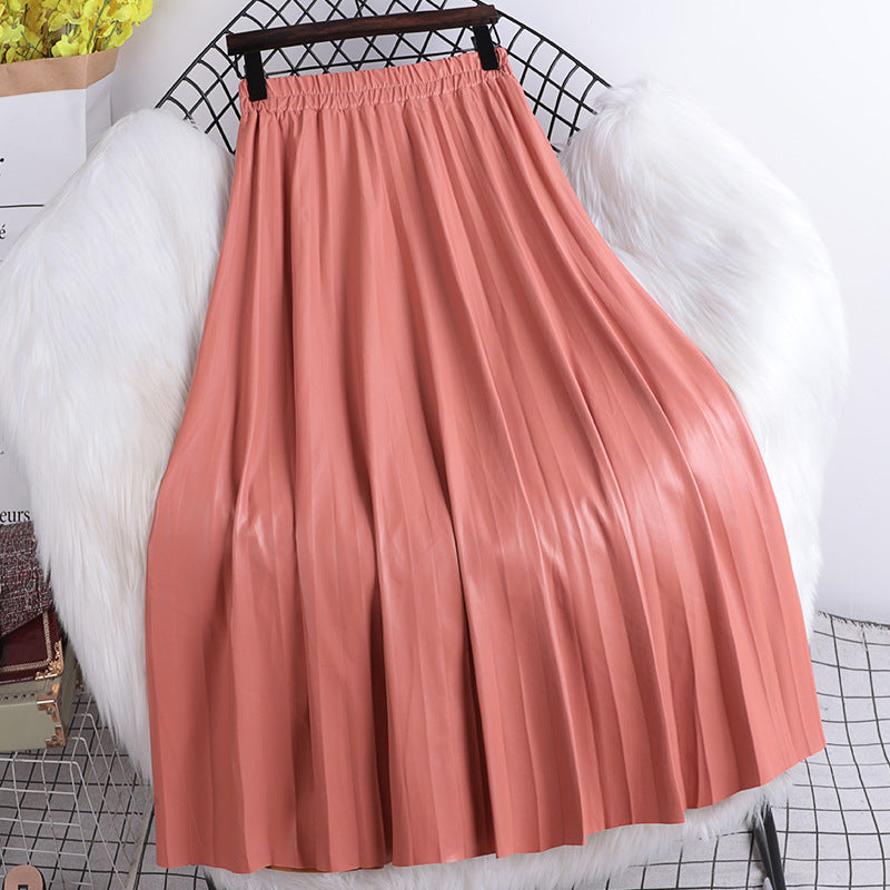 High-Waist Pleated A-Line PU Leather Skirt