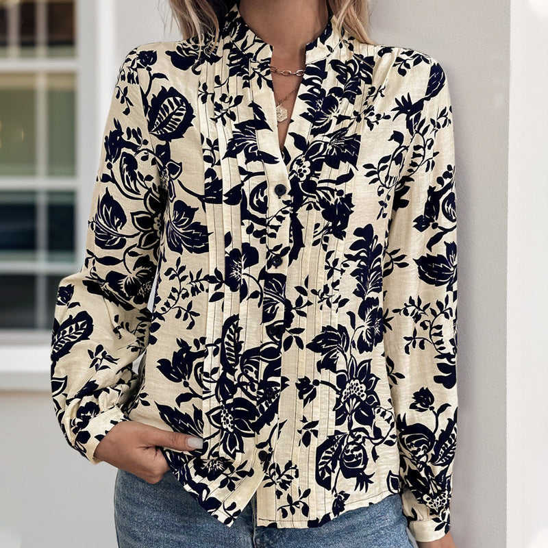 Vintage Print Stand Collar Shirt