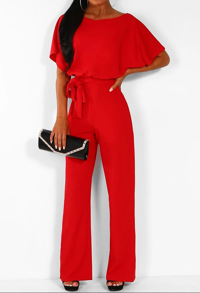 Button Tie Short Sleeve Straight Leg Jumpsuit