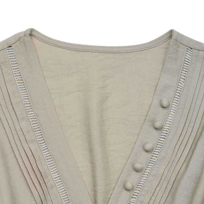 Women's V-Neck Pleated Sleeveless Pocket Dress
