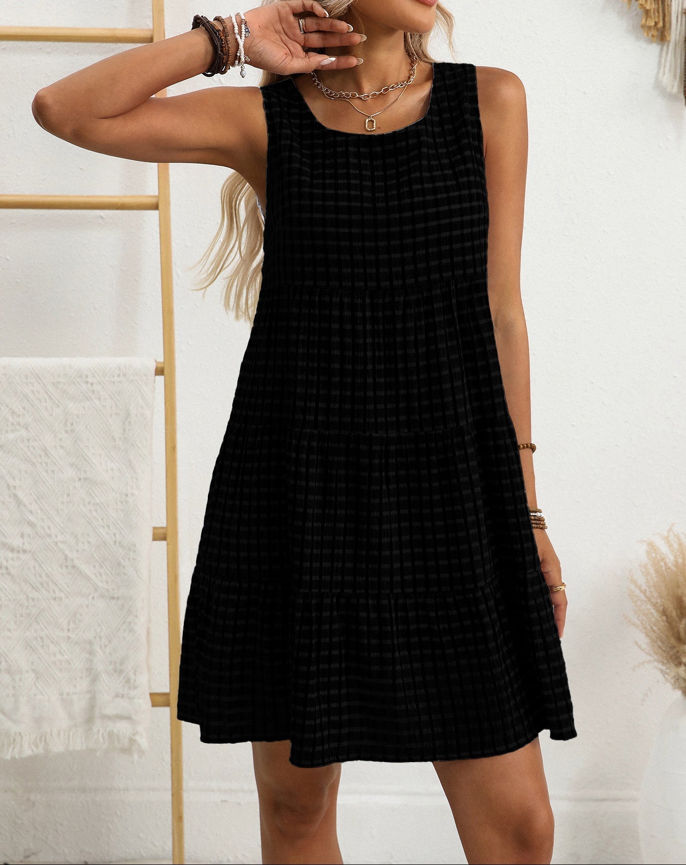 Sleeveless Loose Plaid Chiffon Dress