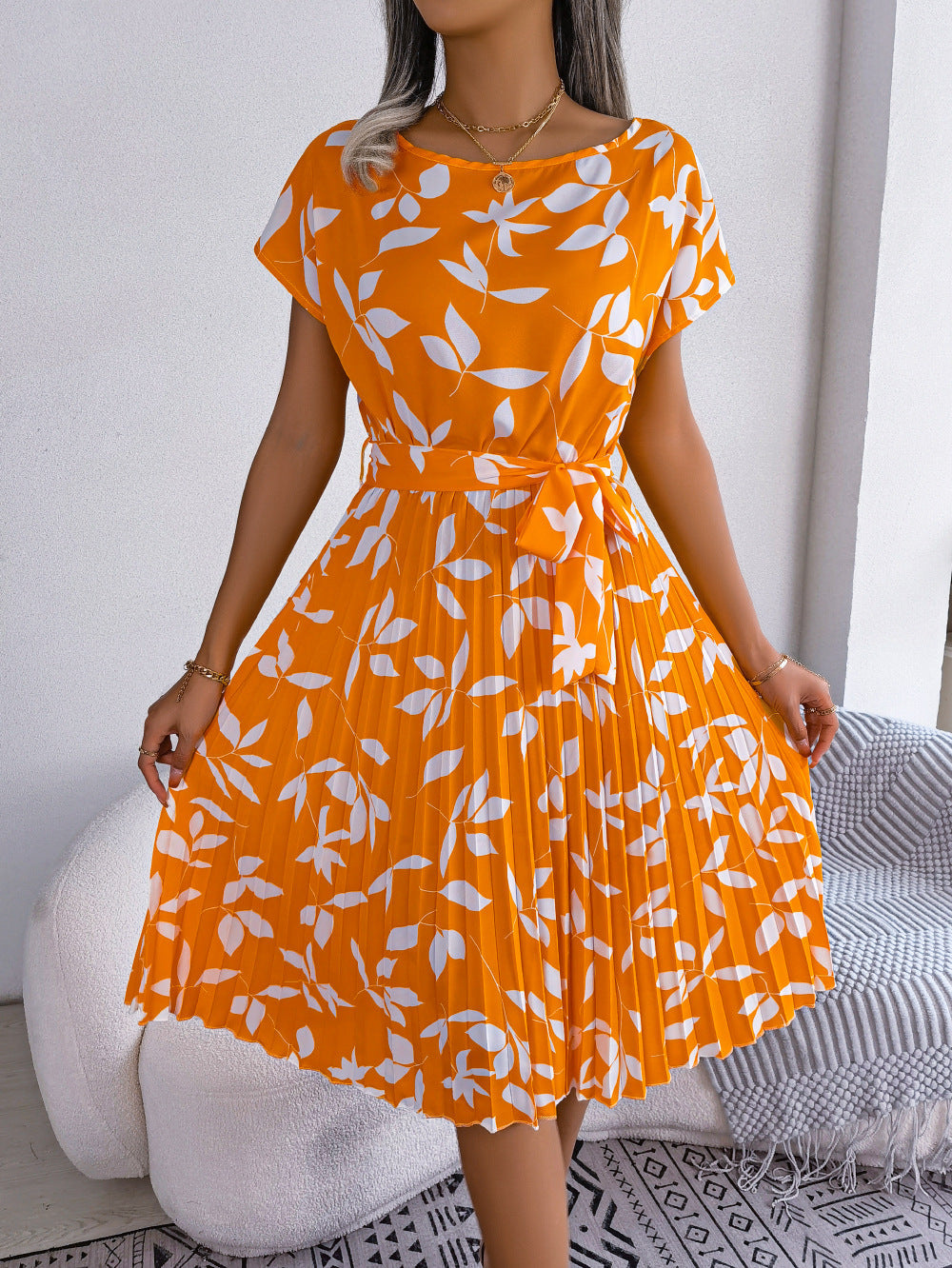 Leaf Print Pleated Maxi Dress Casual Summer Women