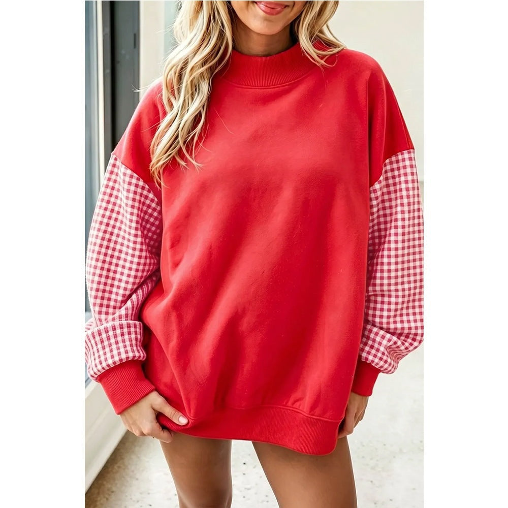 Women's Gingham Sleeve Pullover, Relaxed Fit Mock Neck Top with Ribbed Trim