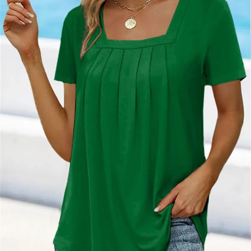 Square Neck Pleated Short Sleeve T-shirt