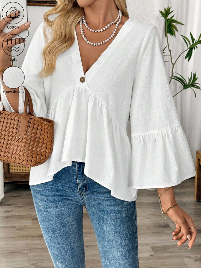 Women Solid V-Neck Ruffle Sleeve Cotton Top