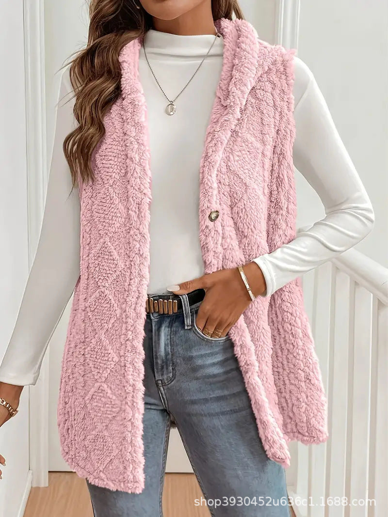 Double Sided Plush Hooded Button Front Vest for Women