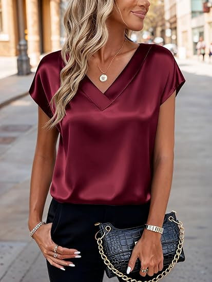 Solid Satin V Neck Pullover T Shirt
