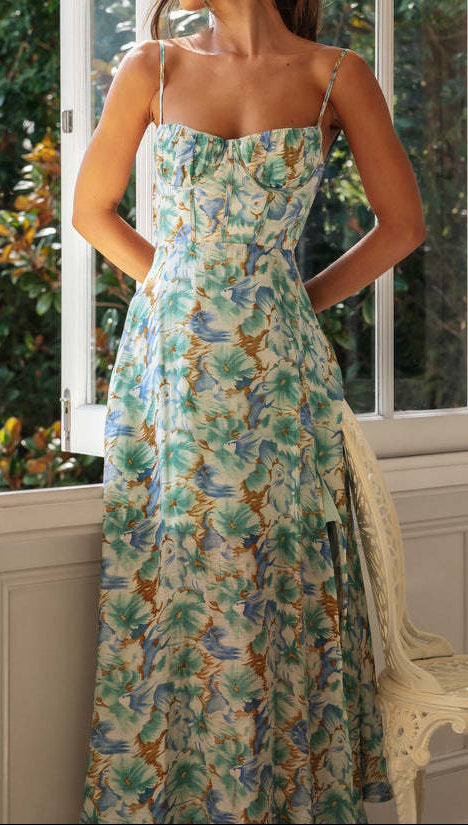 Printed Backless Slit Hem Maxi Dress