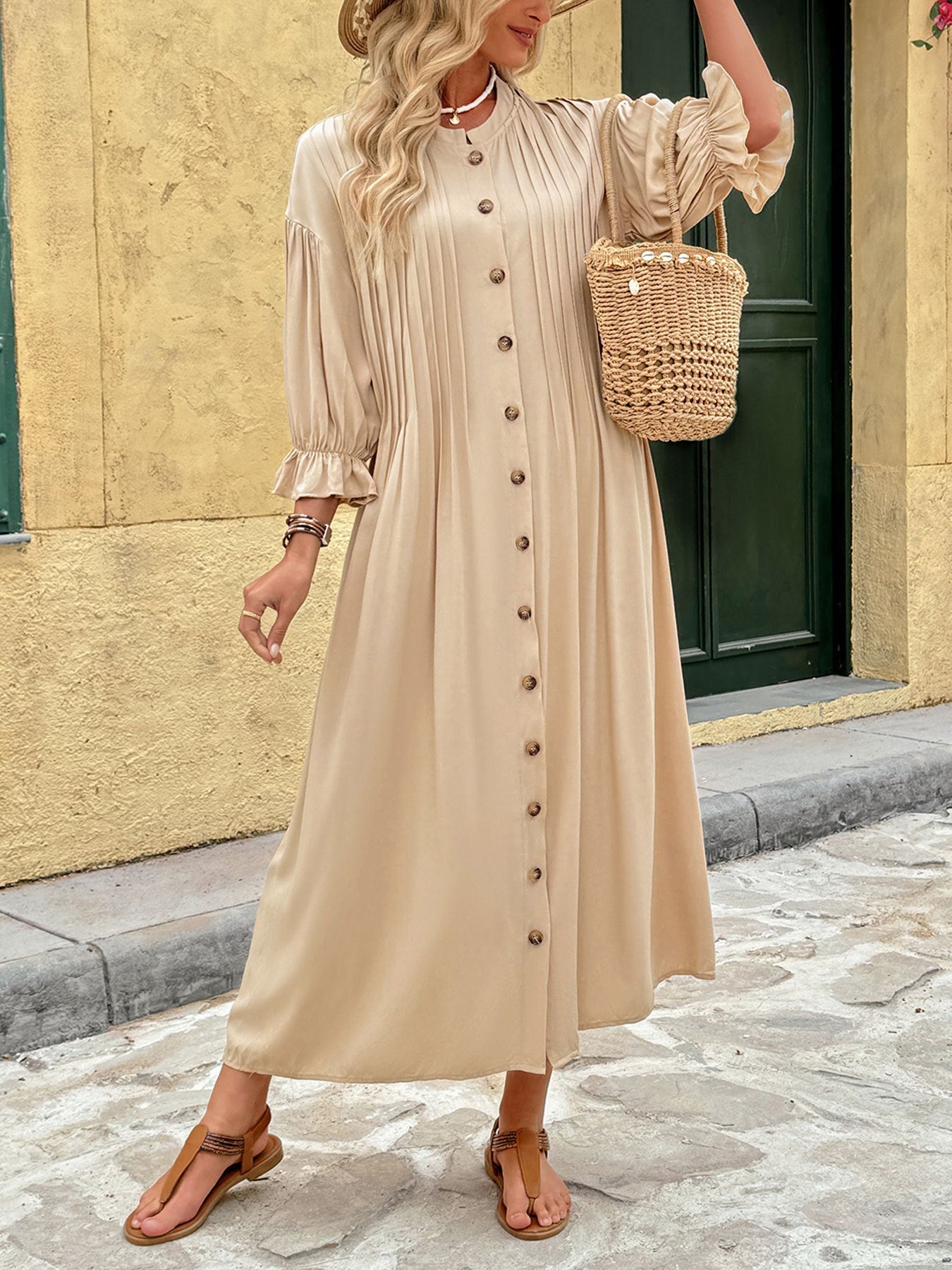 Vintage Button Front Waist Dress Women Summer Vacation
