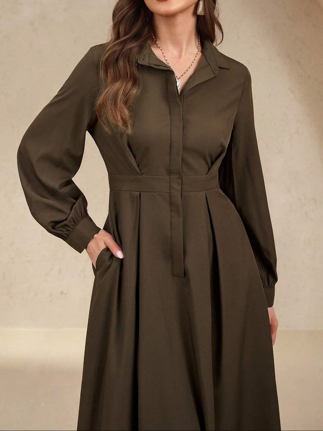 Button-Down Long Sleeve Midi Dress