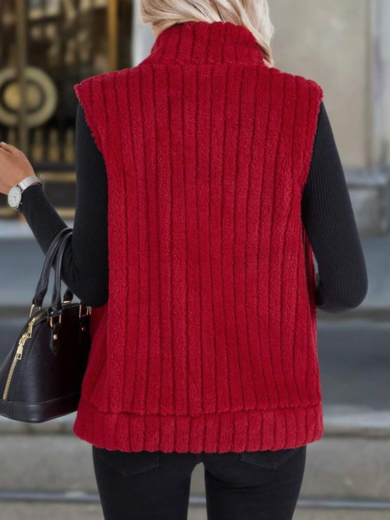 Plaid Zip-Up Fuzzy Vest with Pockets