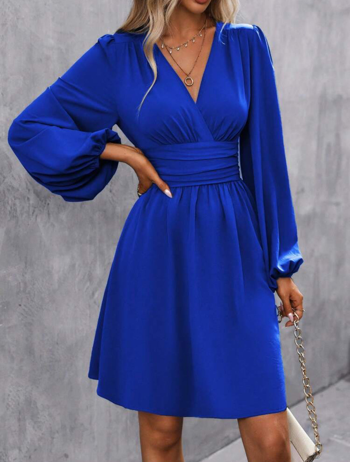 V-Neck Puff Sleeve A-Line Dress
