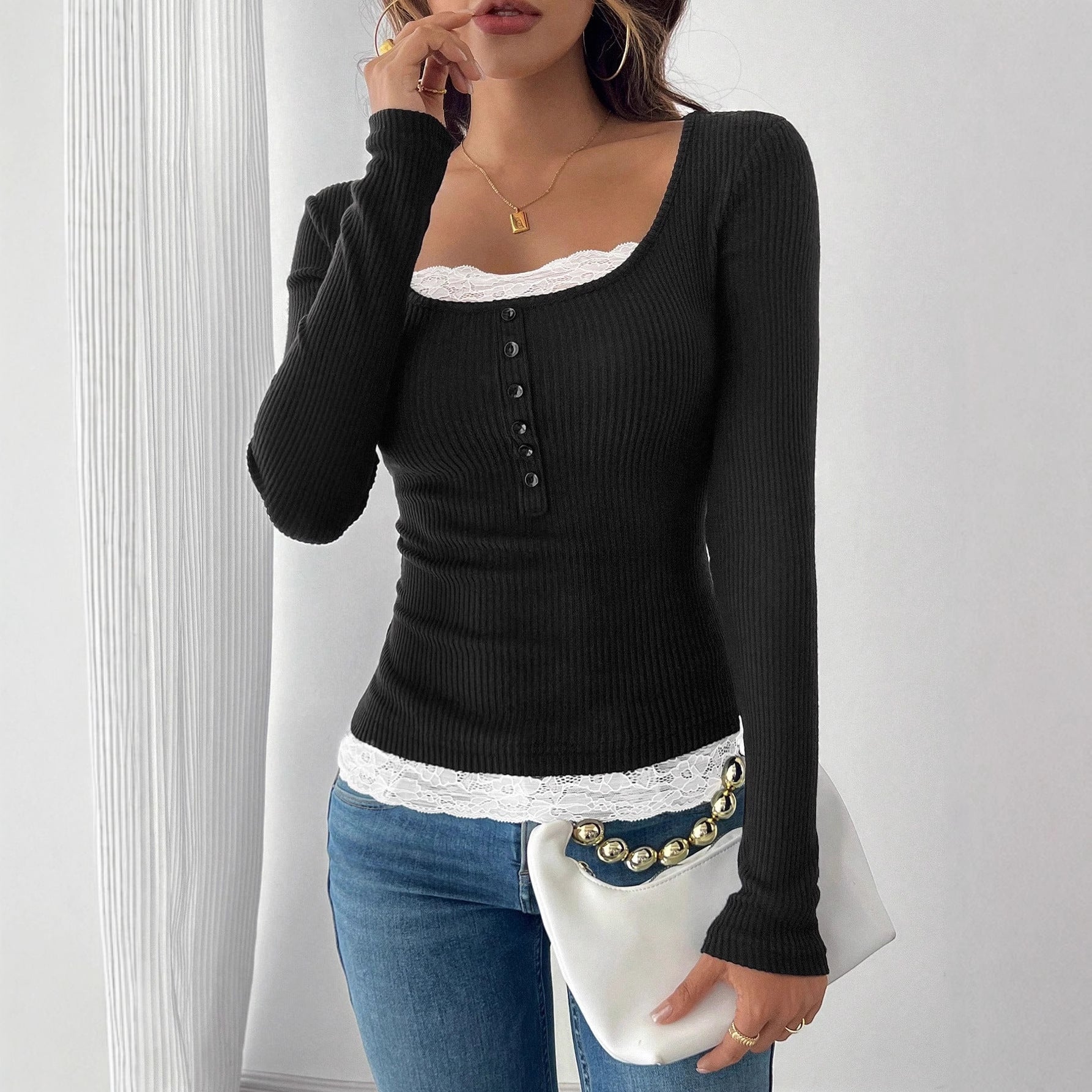Lace Trim Ribbed Long Sleeve Top