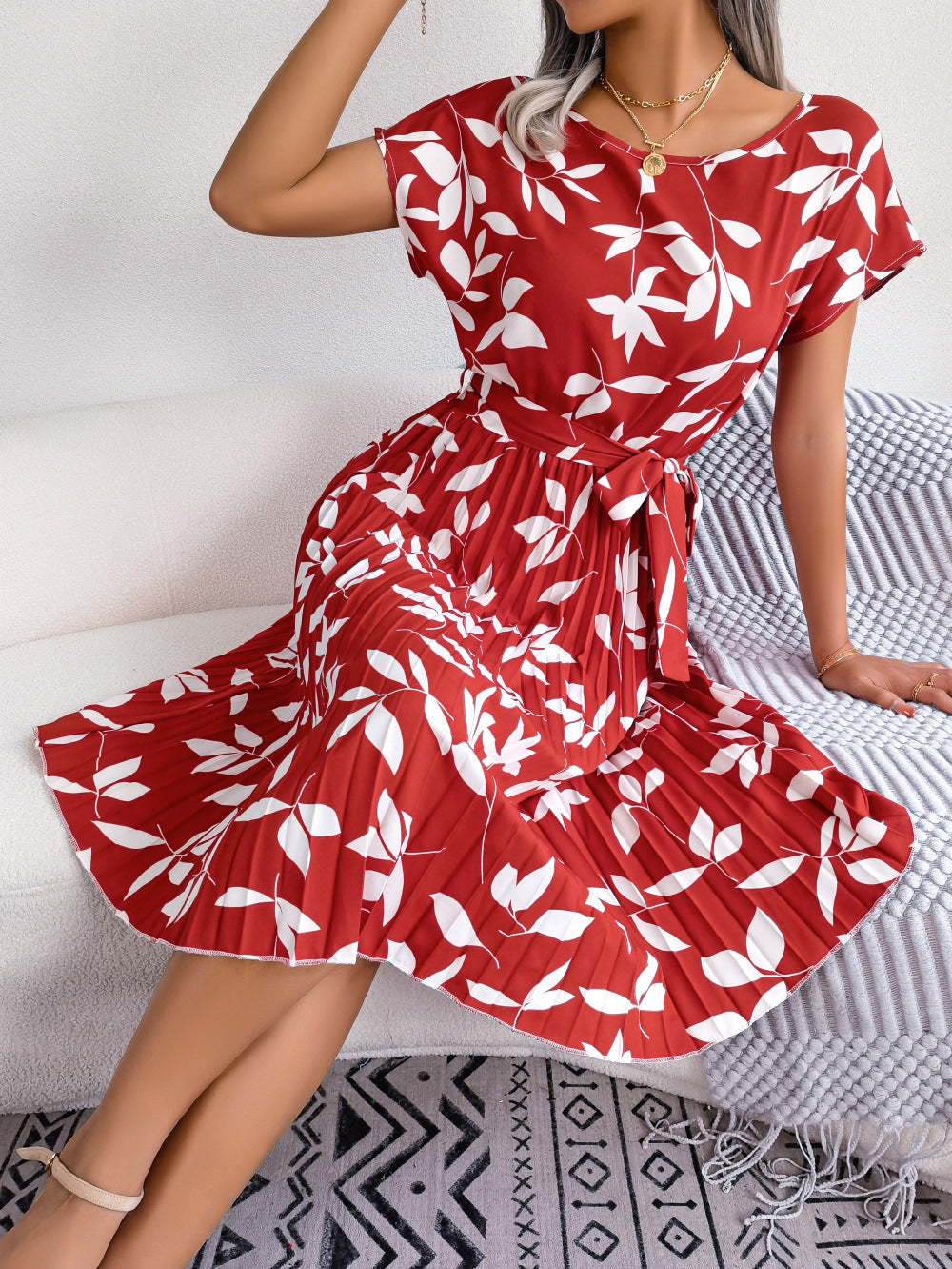 Leaf Print Pleated Maxi Dress Casual Summer Women