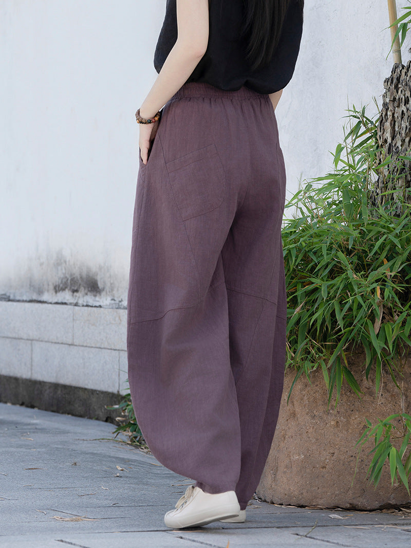 Linen Blend Lantern Wide-Leg Elastic Waist Pants