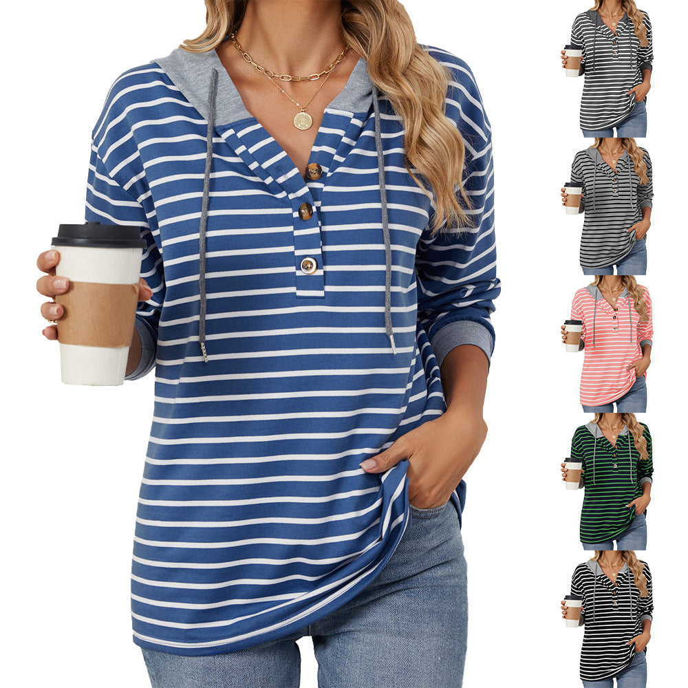 Striped Hooded Button-Up Top