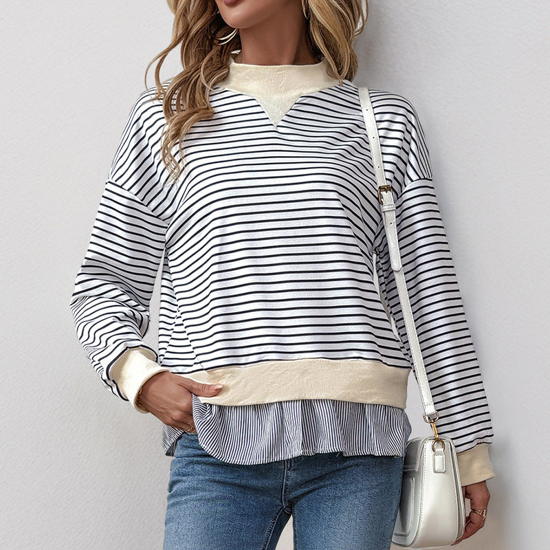Striped Long-Sleeve Sweatshirt with Ruffled Hem