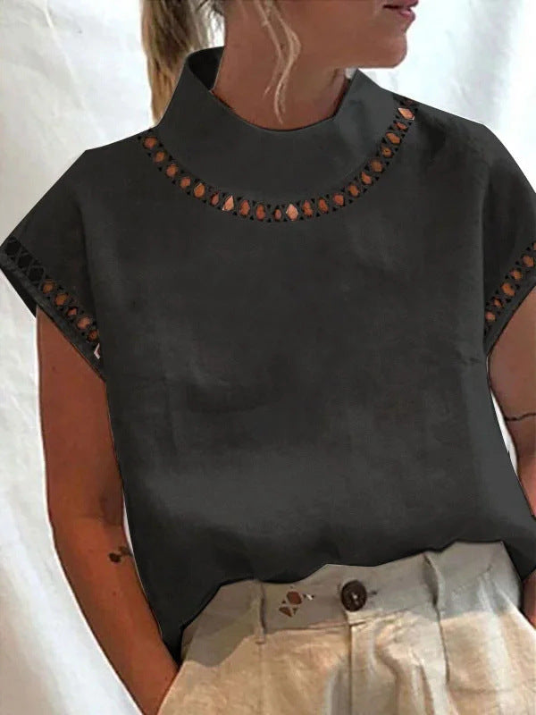Hollow-Out High-Neck Linen Lace Casual Blouse
