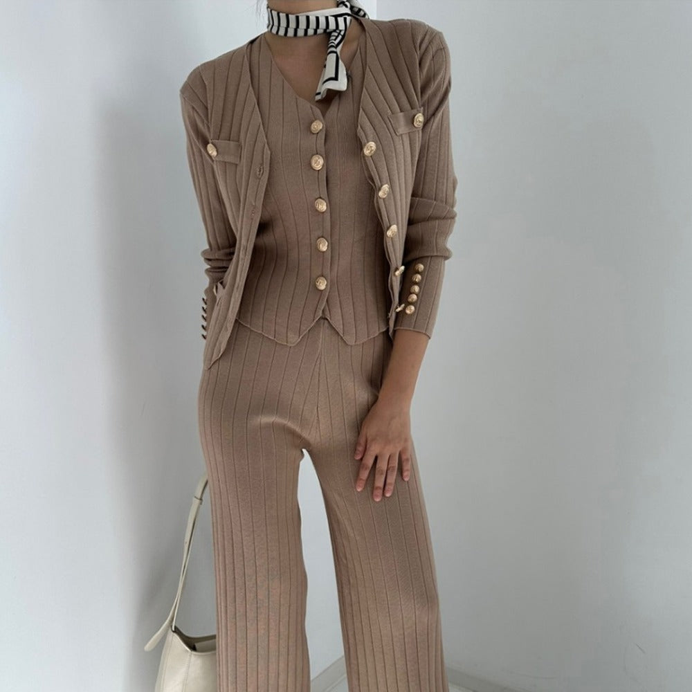 Ribbed Slim Fit Short Top and Pants Three-Piece Set