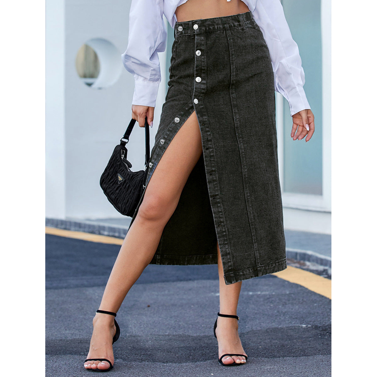 High-Waist Irregular Slit Denim Skirt