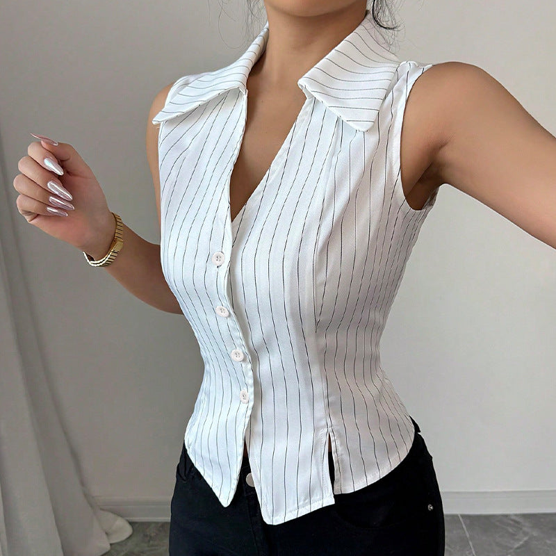 Striped Sleeveless Button-Down Blouse