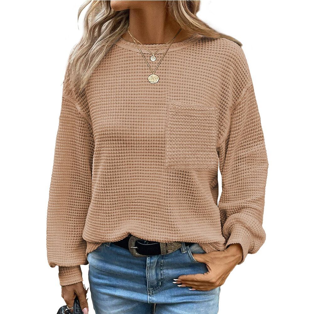 Waffle Knit Long Sleeve Top with Pocket