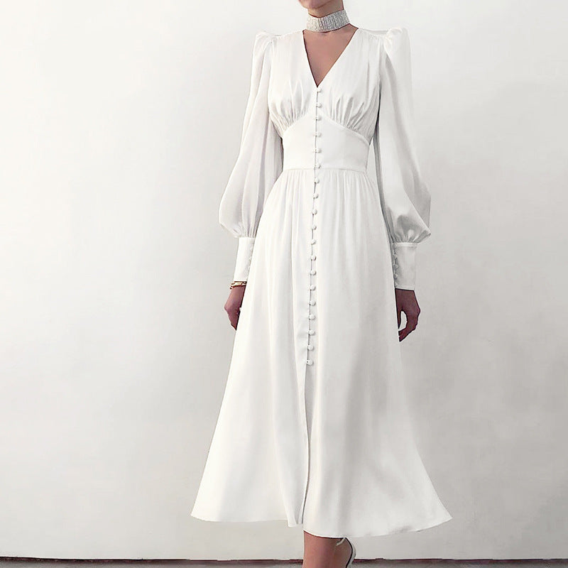 Satin Waist Dress Women Lantern Sleeve Elegant Long Dress