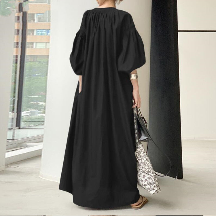 Cotton Lantern Sleeve Flowy Midi Dress