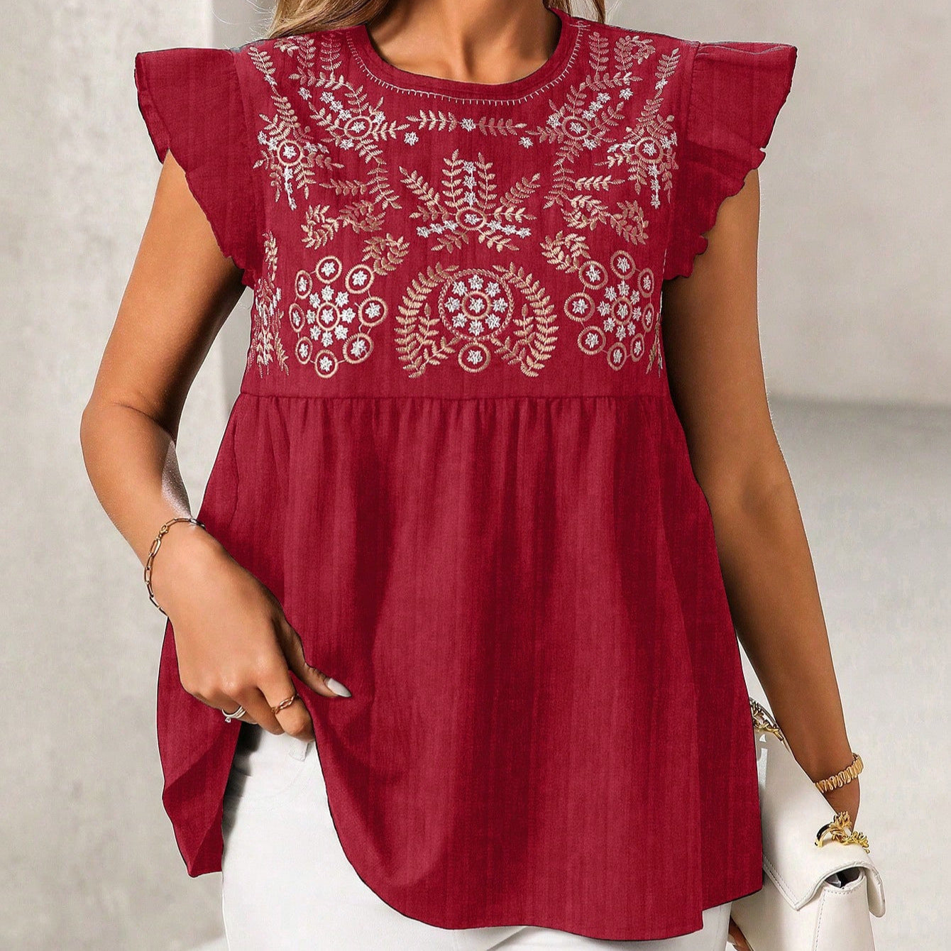 Embroidered Flutter Sleeve Top
