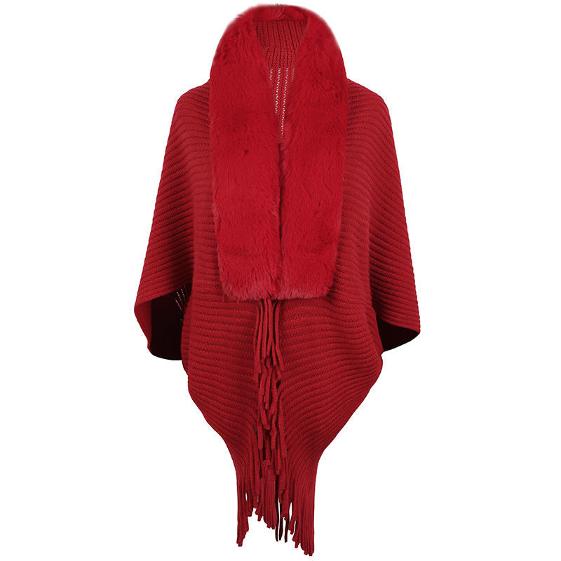 Faux Fur Trim Fringe Knit Cape