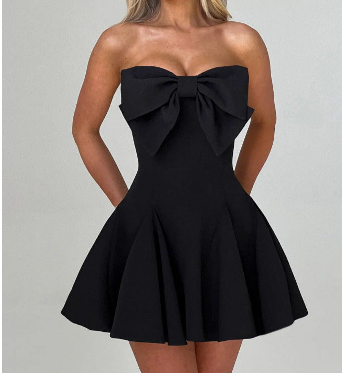 Women's Strapless Bow Solid Mini Dress
