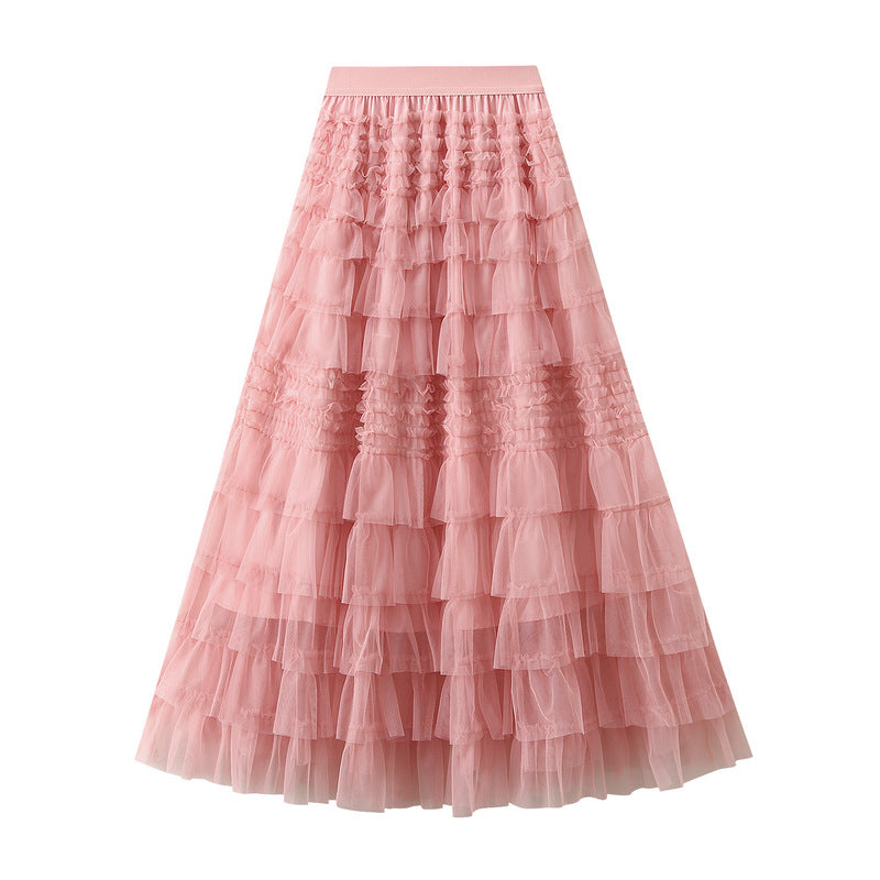 High Waist Layered Mesh A-Line Maxi Skirt