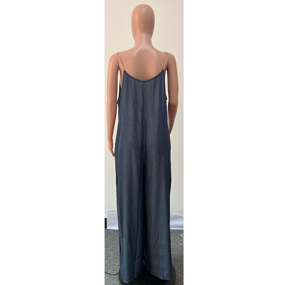 Metal Strap Faux Denim Pocket Jumpsuit