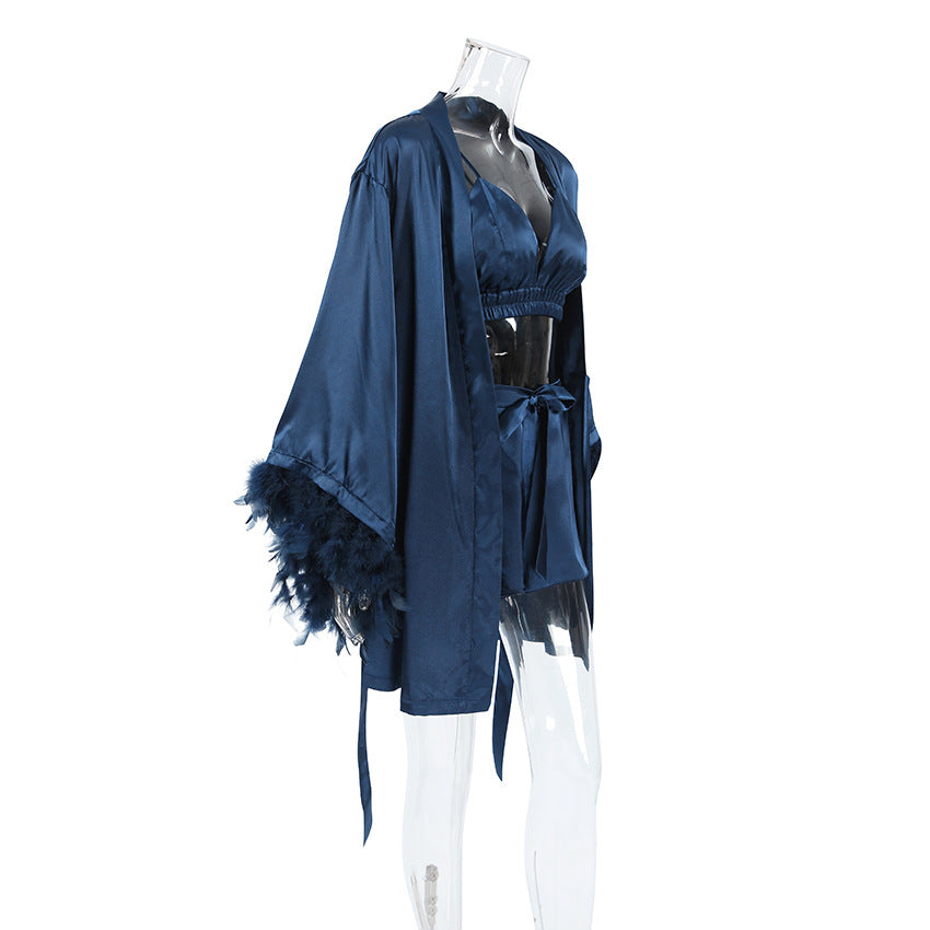 Faux Silk Feather Pajama Set Women Robe Lingerie 3 Piece