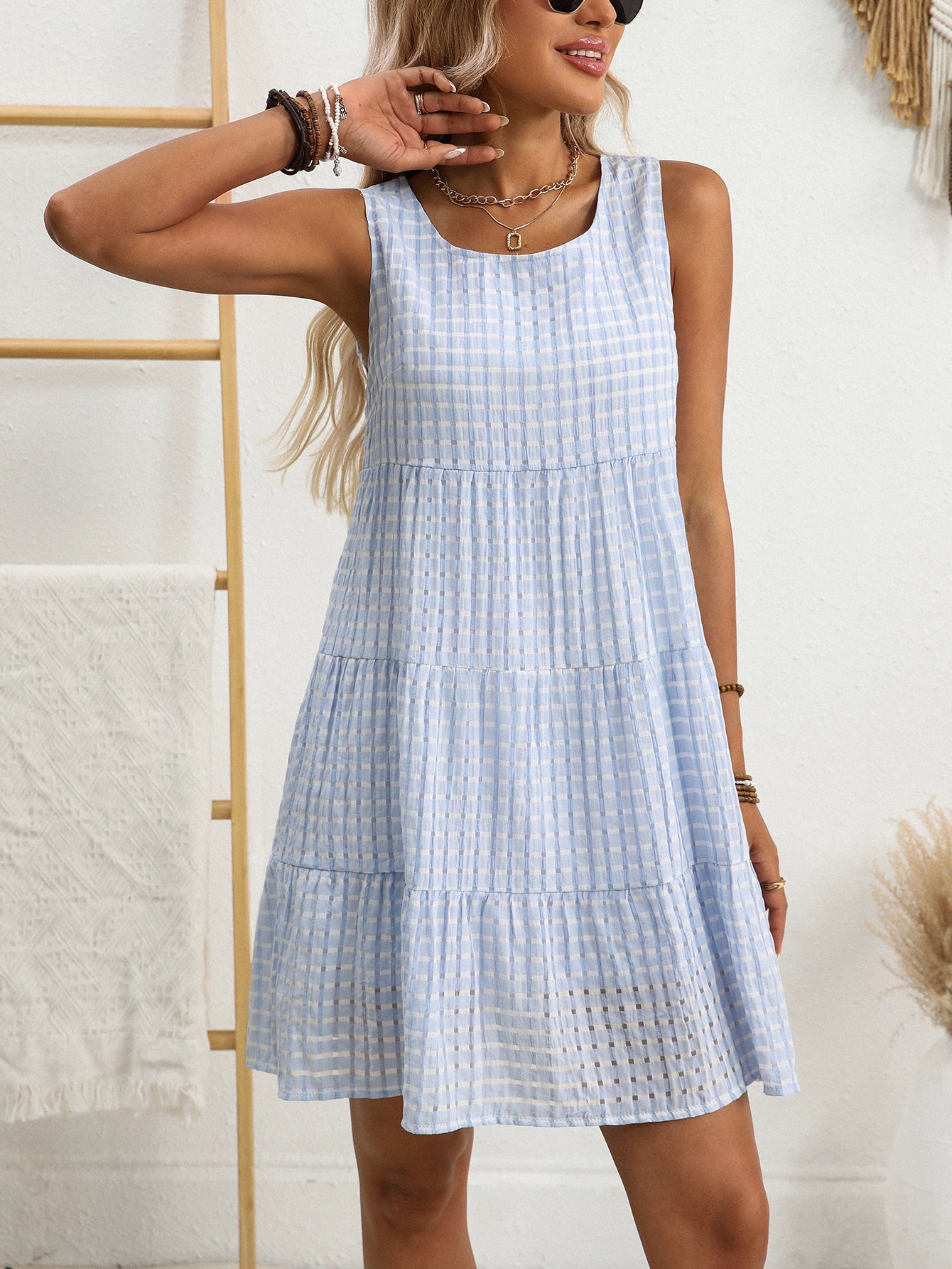 Sleeveless Plaid Chiffon Loose Flow Dress