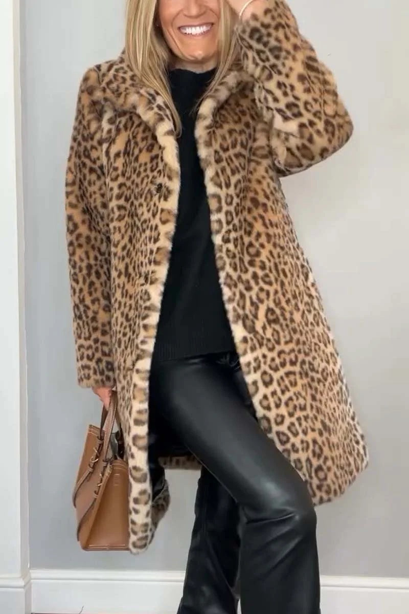 Leopard Print Plush Mid-Length Coat
